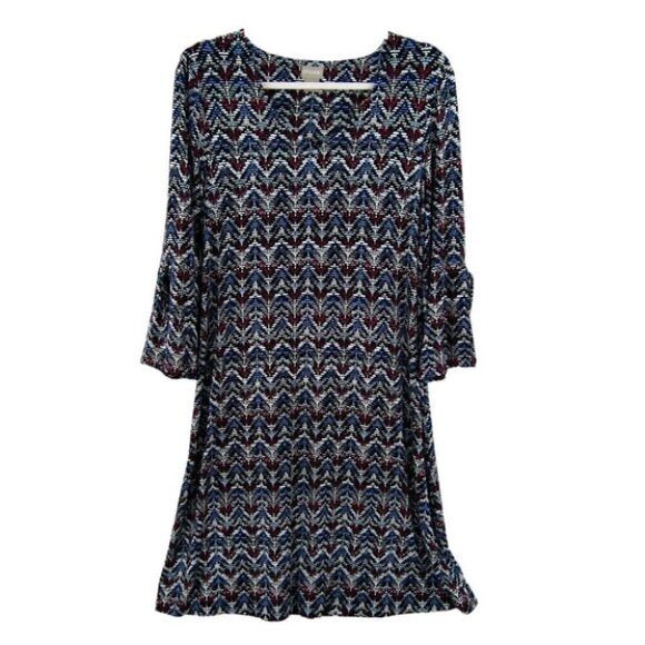 Chicos Black Blue Pink Zig Zag Dress Size M 1 Split Bell Sleeve Knee Length - Picture 1 of 10